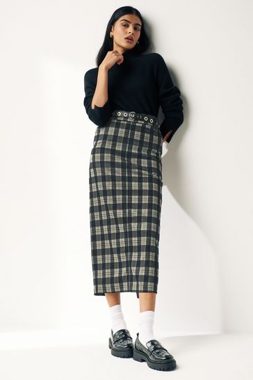 Check Long Midi Column Skirt