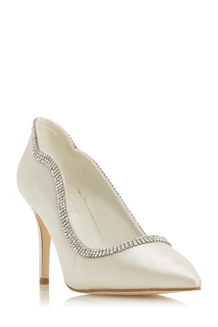 Dune London Billi White Satin Diamante Embellished Wedding Shoes
