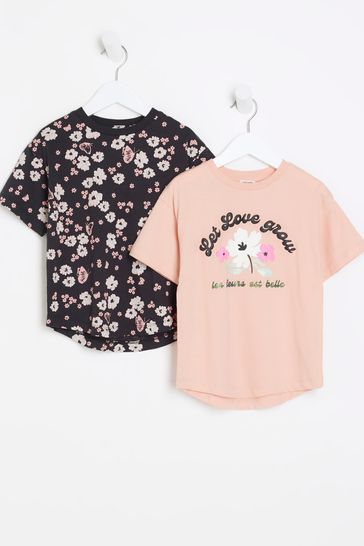 River Island Pink Girls Floral T-Shirt 2 Packs