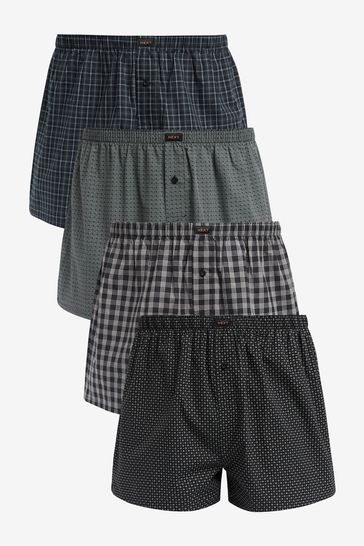 Black Check/Geo 4 pack Woven Pure Cotton Boxers