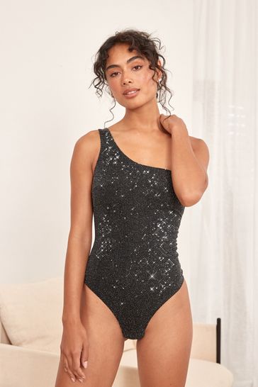 Buy Black Silver One Shoulder Asymmetric Sparkle Bodysuit from Next Estonia