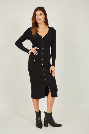 Mela Black Knitted Fitted Midi Dress With Buttons