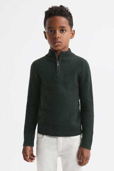 Reiss Forest Green Tempo Junior Slim Fit Knitted Half-Zip Funnel Neck Jumper