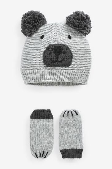 Grey Bear Hat & Mittens Set (3mths-6yrs)