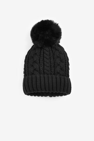 Black Cable Knit Pom Pom Beanie Hat (3mths-16yrs)