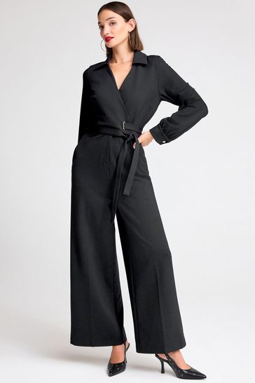 Black Ponte Long Sleeve Wide Leg Jumpsuit