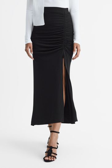 Buy Reiss Black Eleanor High Rise Ruched Fitted Midi Skirt from