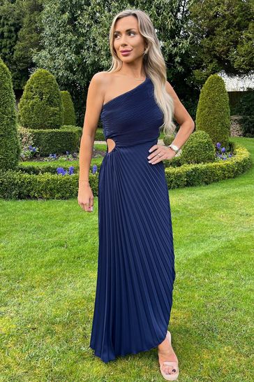 Navy Blue One Shoulder Cut Out Pleated Midi Dress