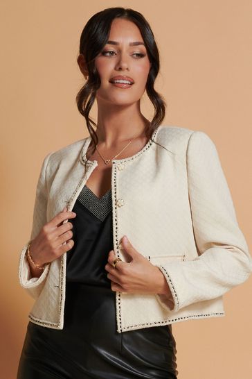 Jolie Moi Cream Contrast Trim Tweed Jacket