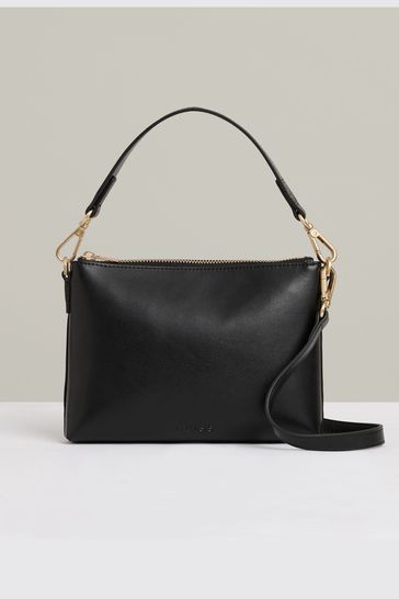 Reiss Black Brompton Leather Double Strap Pouch Bag