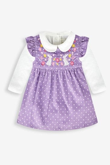 JoJo Maman Bébé Lilac Purple Bunny 2-Piece Embroidered Cord Baby Dress & Body Set