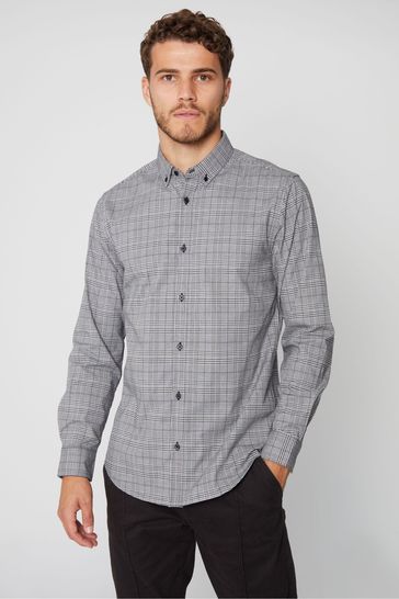 Threadbare Grey Cotton Long Sleeve Check Shirt With Stretch
