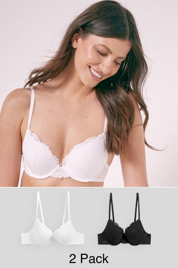 Buy Black/White Push Up Pad Plunge Lace Bras 2 Pack from Next