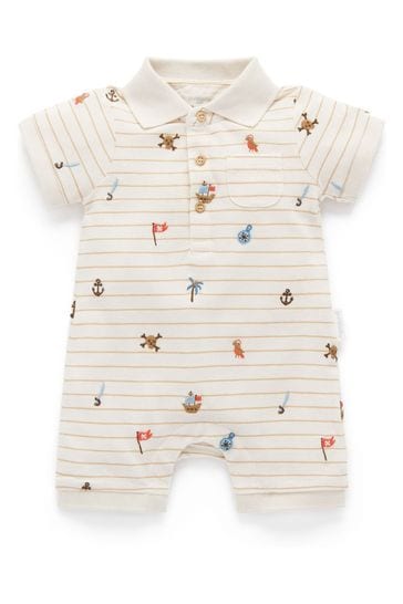 Purebaby Nautical Embroidered Neutral Polo Romper