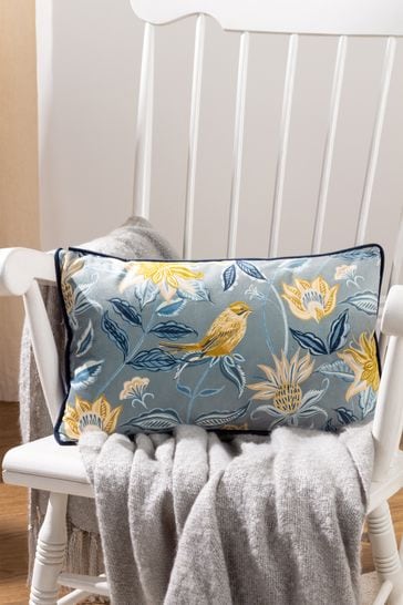 Evans Lichfield Blue Chatsworth Aviary Country Floral Piped Cushion