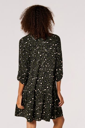 Apricot Green Leopard Tiered Swing Shirt Dress