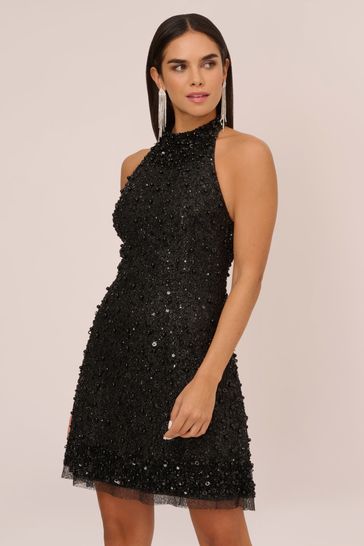 Adrianna Papell Beaded Halter Swing Black Dress