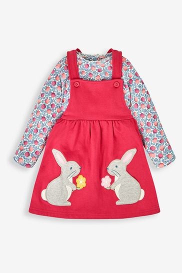 JoJo Maman Bébé Rose Pink Bunny Girls' 2-Piece Appliqué Pinafore Dress & Top Set