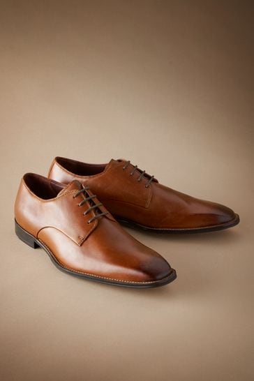 Tan Brown Signature Italian Leather Square Toe Derby Shoes