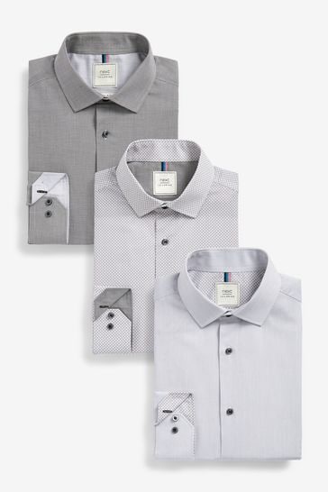 Grey Slim Fit Single Cuff Easy Care Shirts 3 Pack