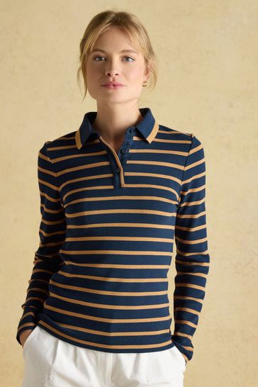 Joules Fairfield Navy & Tan Long Sleeve Ribbed Polo Shirt