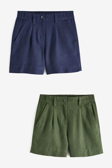 Navy Blue/Khaki Green Linen Blend Boy Shorts 2 Pack