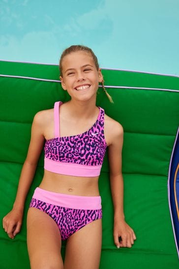 Nike Pink Animal Print Asymmetrical Top Bikini Set