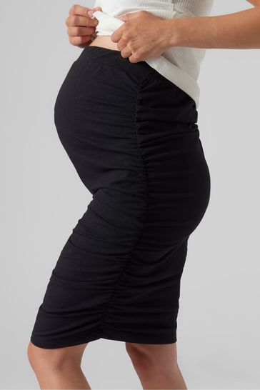 Mamalicious Black Maternity Ruched Midi Skirt