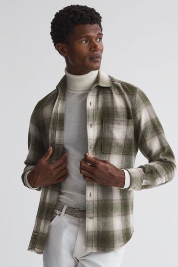Reiss Green Multi Novelli Wool Checked Long Sleeve Shirt