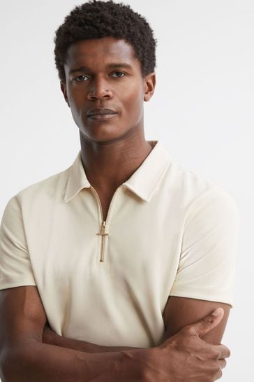 Reiss Ecru Floyd Slim Fit Half-Zip Polo Shirt