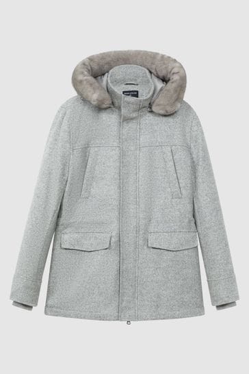 Reiss Grey Melange Tremezzo Atelier Wool Blend Removable Faux Fur Hooded Coat