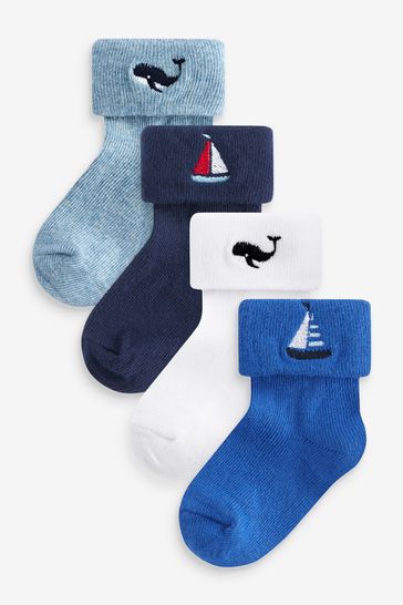 Blue/White 4 Pack Roll Top Baby Socks (0mths-2yrs)