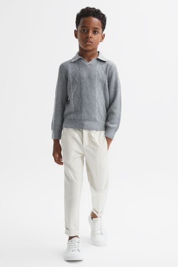 Reiss Soft Grey Melange Malik Junior Knitted Open-Collar Top