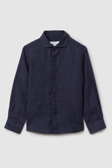 Reiss Navy Ruban Teen Linen Cutaway Collar Shirt