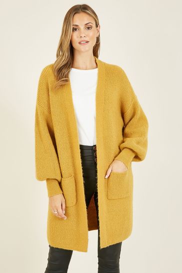 Yumi Yellow Knitted Long Cardigan with Pockets