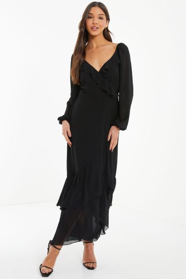 Quiz Black Midaxi Chiffon Dress With Frill Detail And Balloon Sleeve