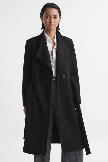 Reiss Black Freja Petite Tailored Wool Blend Longline Coat