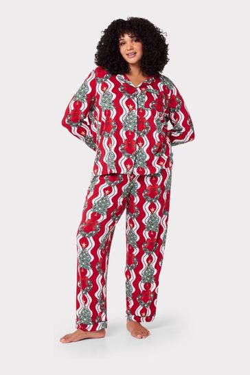 Buy Chelsea Peers Red Curve Recycled Fibre Wreath Tree Stripe Print Long Pyjama Set from Next Ireland