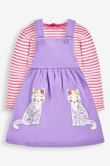 JoJo Maman Bébé Lilac Purple Cat Girls' 2-Piece Appliqué Pinafore Dress & Top Set