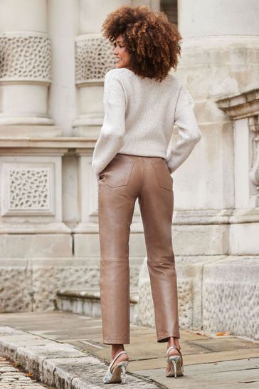 Buy Sosandar Taupe Leather Straight Leg Trousers from Next Luxembourg