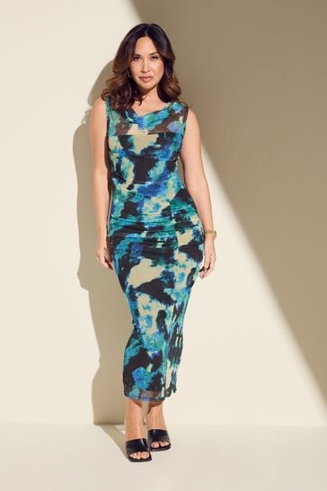 Myleene Klass Aqua Blue Printed Mesh Cowl Neck Midi Dress