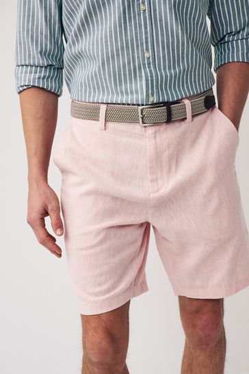 Pink Belted Cotton Linen Shorts