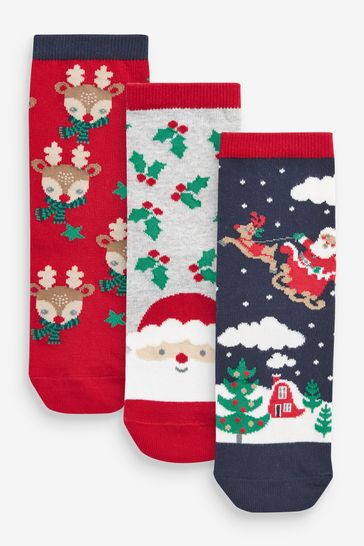Navy 3 Pack Cotton Rich Christmas Santa Scene Ankle Socks