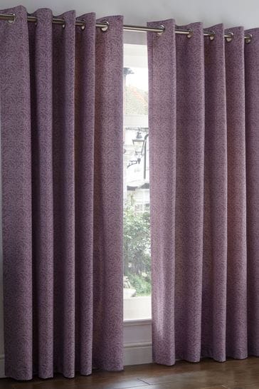 D&D Purple Hanworth Leaves Lined Eyelet Curtains