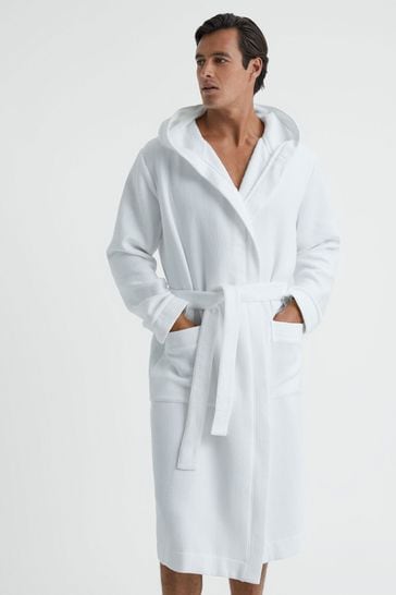 Reiss White Coastal Textured Cotton Hooded Dressing Gown