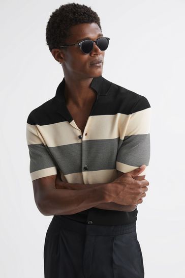 Reiss Black Seville Striped Cuban Collar Button Through T-Shirt