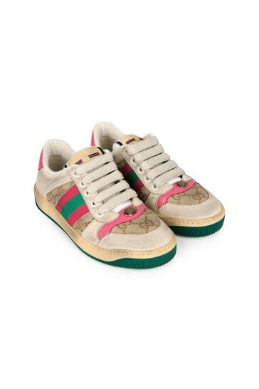 Kids Beige and Pink Leather Screener Trainers