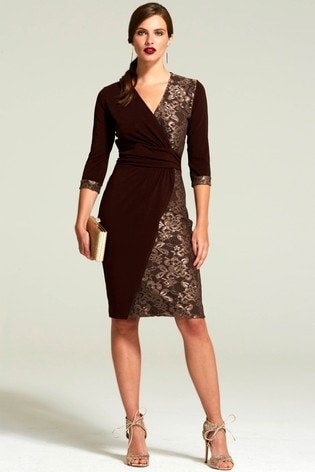 Hotsquash Brown Chocolate Lace Detail Jersey Wrap Dress