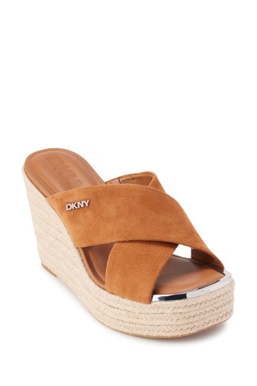 Buy DKNY Tan Brown Marynx Band Wedge Suede Espadrilles from the
