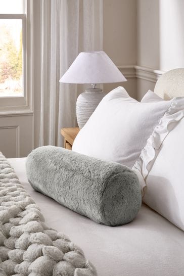 Grey Plush Faux Fur Bolster Cushion
